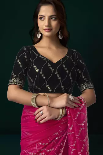 pink net saree with embroidered pallu work