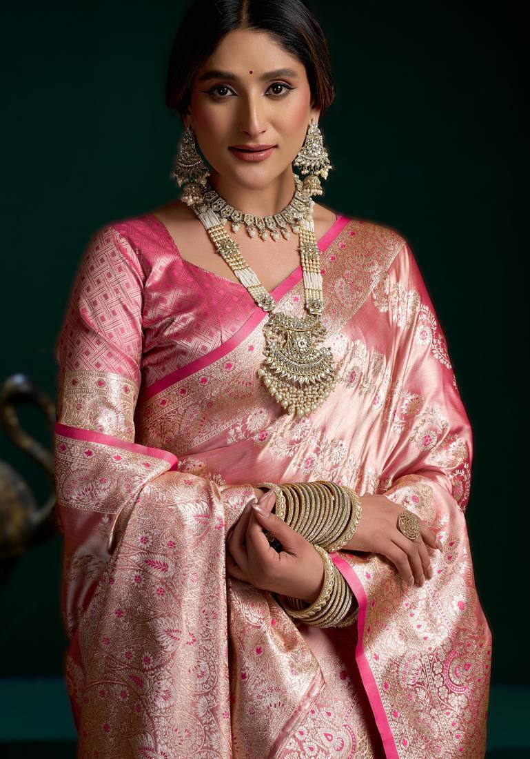 Pink  premium satin silk saree with stylish pom-pom pallu