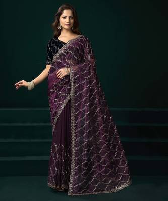 purple net saree with embroidered pallu work 1