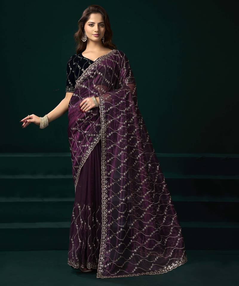 Purple traditional net sequins work saree with unstitched velvet blouse