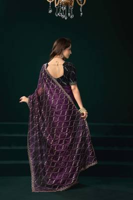 purple net saree with embroidered pallu work 2