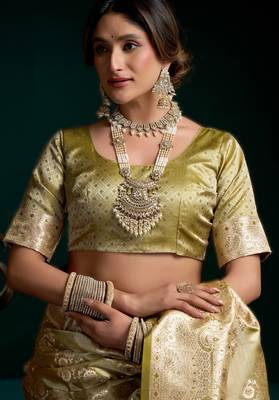 Light green premium satin silk blend saree with stylish pom-pom pallu 4