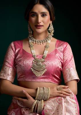 Pink premium satin silk blend saree with stylish pom-pom pallu 4