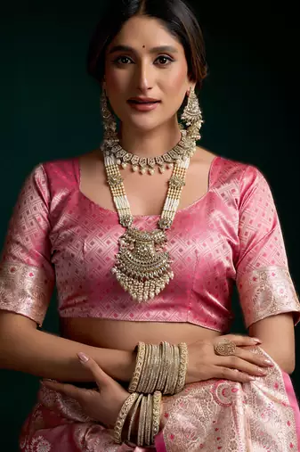 Pink premium satin silk blend saree with stylish pom-pom pallu