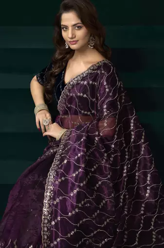 purple net saree with embroidered pallu work