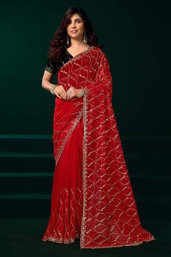 Red embroidered net festival party wear saree with velvet blouse piece