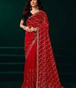 red net saree with embroidered pallu work