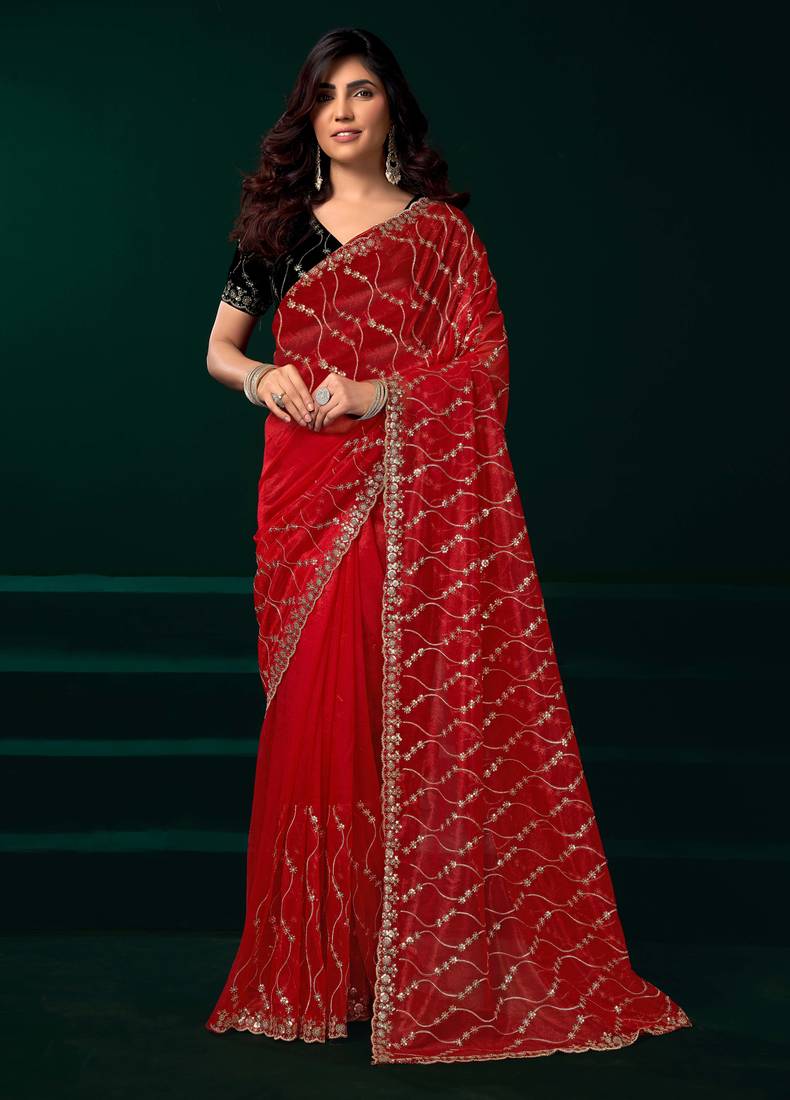 Red embroidered net festival party wear saree with velvet blouse piece