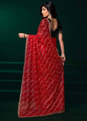 red net saree with embroidered pallu work 2
