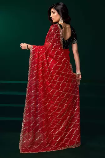 red net saree with embroidered pallu work