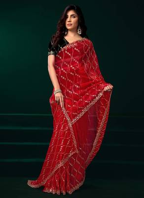 red net saree with embroidered pallu work 3