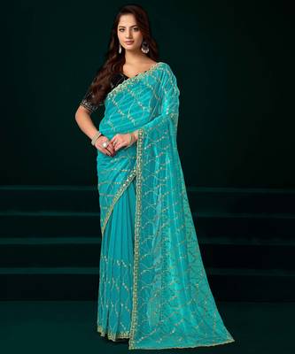 turquoise net designer saree with embroidered sequins work 1