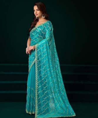 turquoise net designer saree with embroidered sequins work 2
