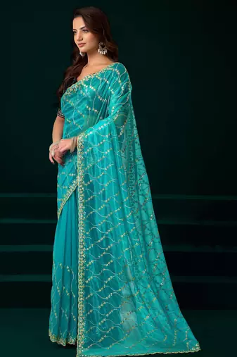 turquoise net designer saree with embroidered sequins work