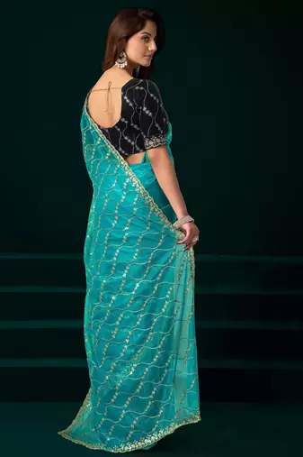 turquoise net designer saree with embroidered sequins work