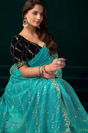 turquoise net designer saree with embroidered sequins work