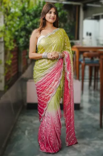 green party wear saree with original gold beads work