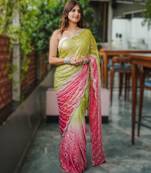 green party wear saree with original gold beads work