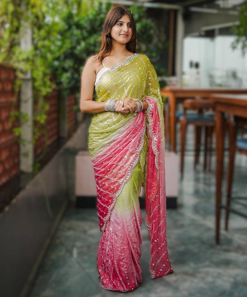 green party wear saree with original gold beads work