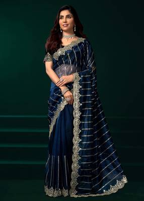 blue net partywear saree with heavy embroidered sequins work 1