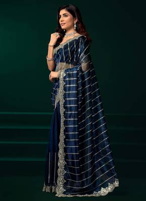 blue net partywear saree with heavy embroidered sequins work 2