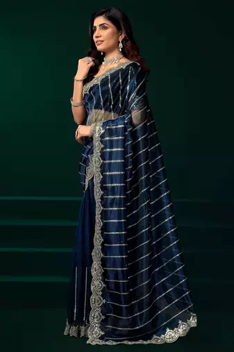 blue net partywear saree with heavy embroidered sequins work