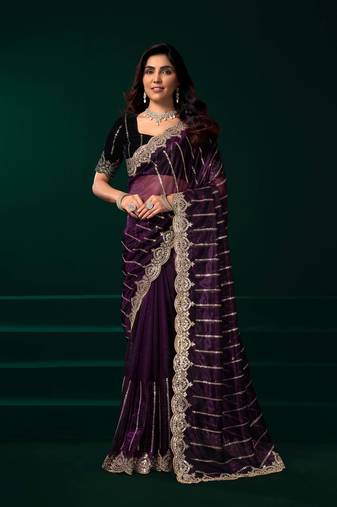 Burgundy floral embroidered net party wear designer saree with velvet blouse piece