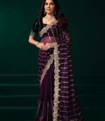burgundy net saree with heavy floral embroidered designs