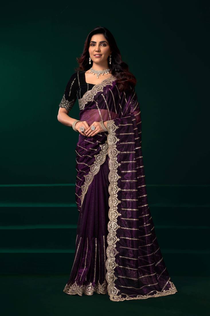 Burgundy floral embroidered net party wear designer saree with velvet blouse piece