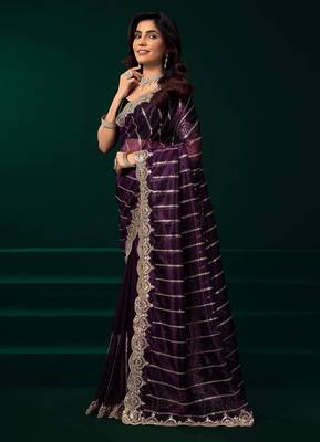 burgundy net saree with heavy floral embroidered designs 2