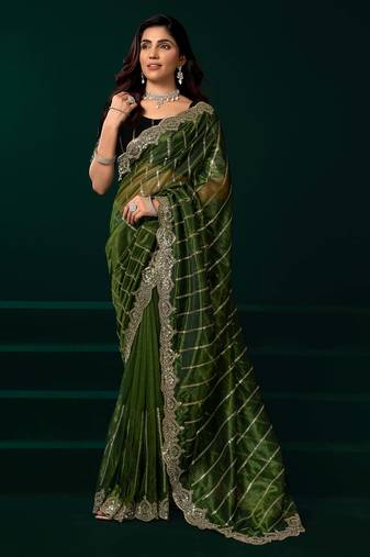 Green net sequins work traditional designer saree with unstitched velvet blouse