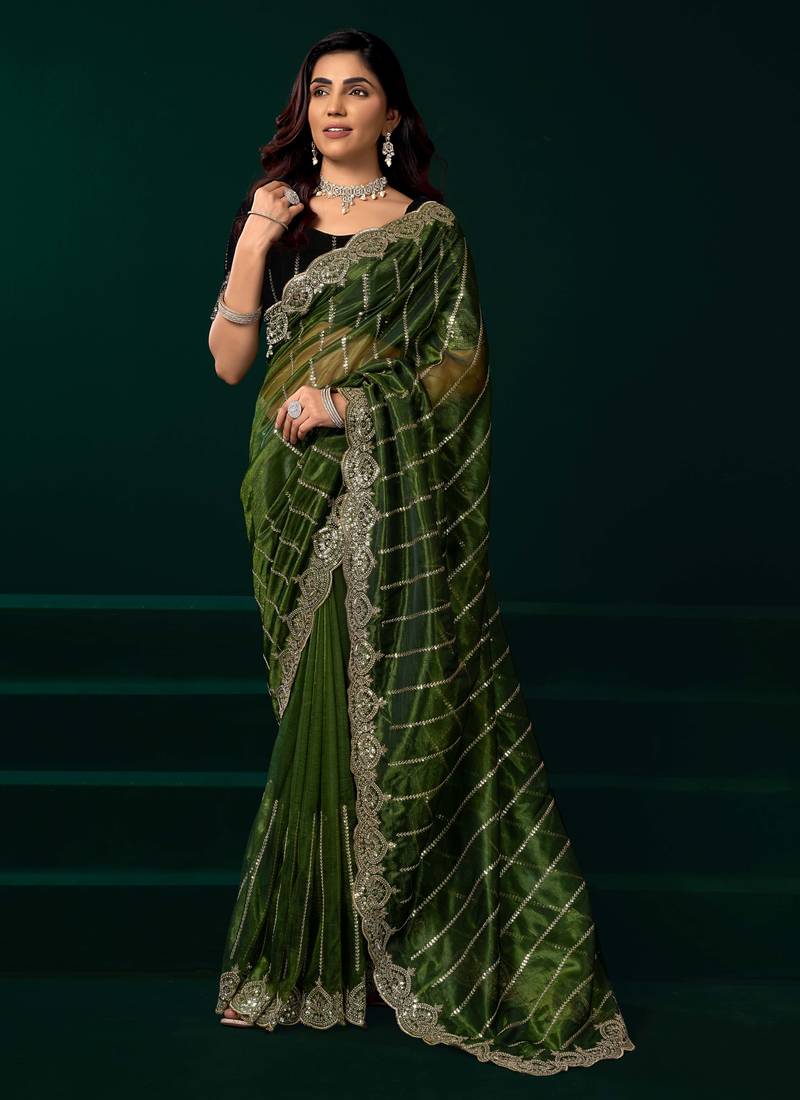 Green net sequins work traditional designer saree with unstitched velvet blouse