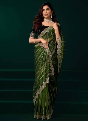 green net saree with heavy sequins embroidered designs 2