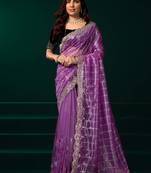 lavender net saree with heavy sequins embroidered designs