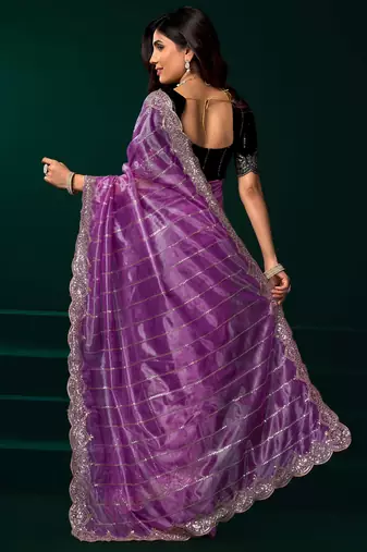 lavender net saree with heavy sequins embroidered designs
