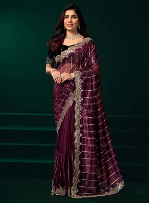 maroon net saree with heavy sequins embroidered designs 1