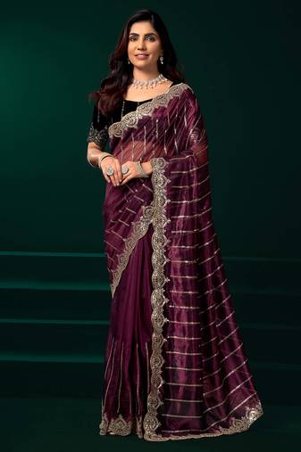 Maroon net heavy sequins designer saree party wear with velvet unstitched blouse