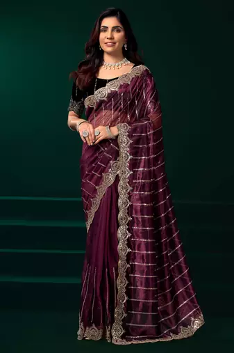 maroon net saree with heavy sequins embroidered designs
