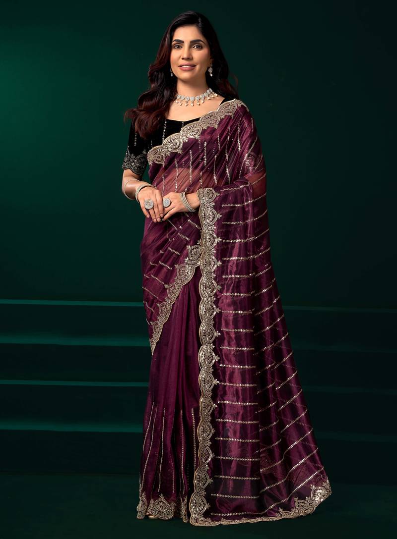 Maroon net heavy sequins designer saree party wear with velvet unstitched blouse