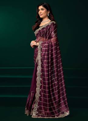 maroon net saree with heavy sequins embroidered designs 2
