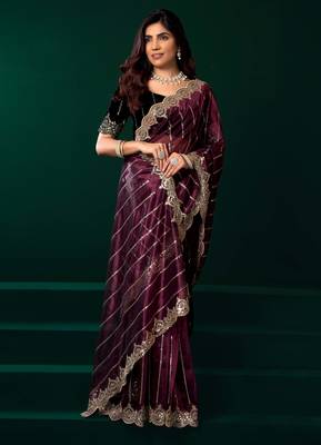 maroon net saree with heavy sequins embroidered designs 3