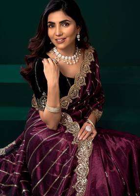 maroon net saree with heavy sequins embroidered designs 4