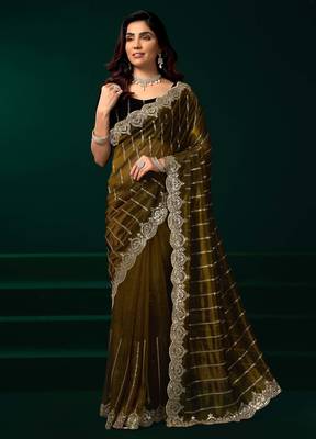 olive net saree with embroidered sequins floral designs 1