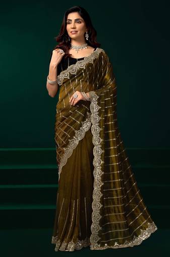 Olive floral net embroidered party wear saree with velvet blouse piece