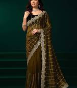 olive net saree with embroidered sequins floral designs