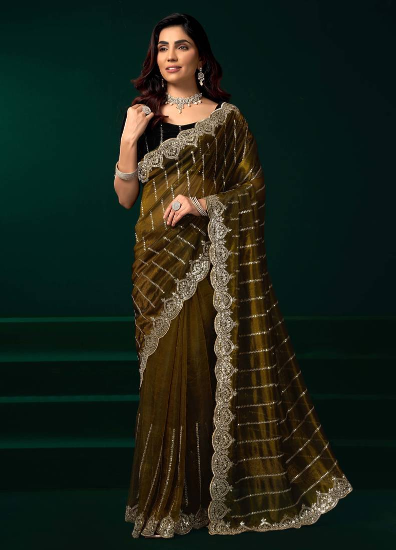 Olive floral net embroidered party wear saree with velvet blouse piece