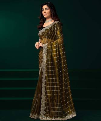 olive net saree with embroidered sequins floral designs 2