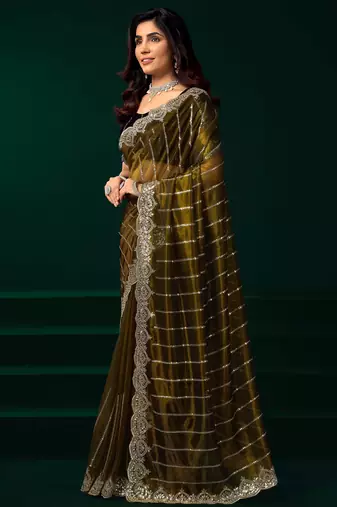 olive net saree with embroidered sequins floral designs