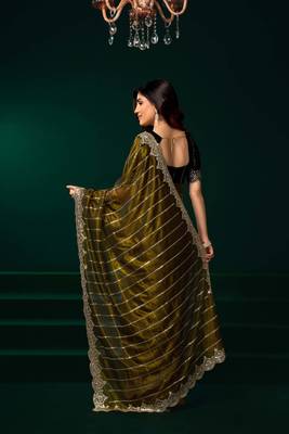 olive net saree with embroidered sequins floral designs 3