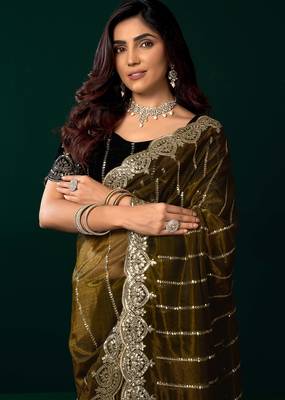 olive net saree with embroidered sequins floral designs 4